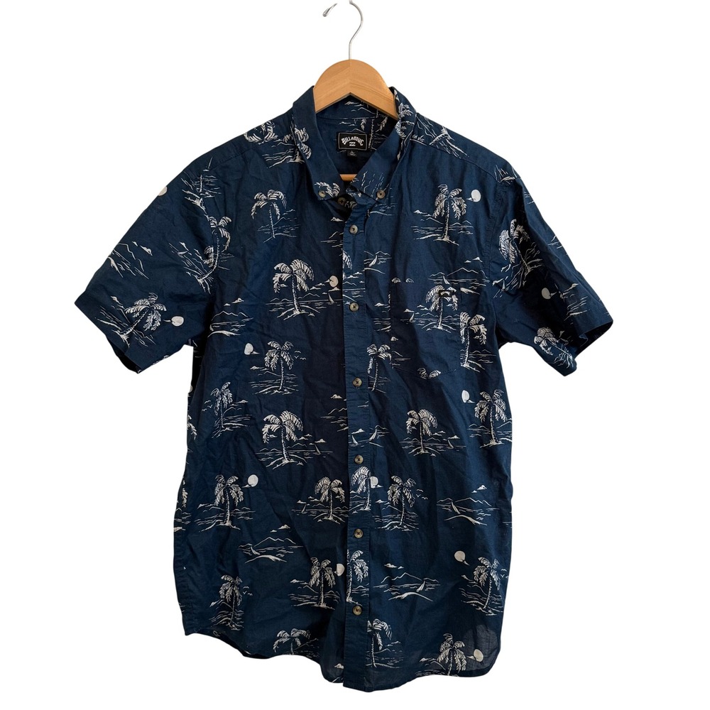 Billabong Mens Shirt Short Sleeve Palm Tree Print Navy Blue Size L Resortwear - Picture 2 of 9